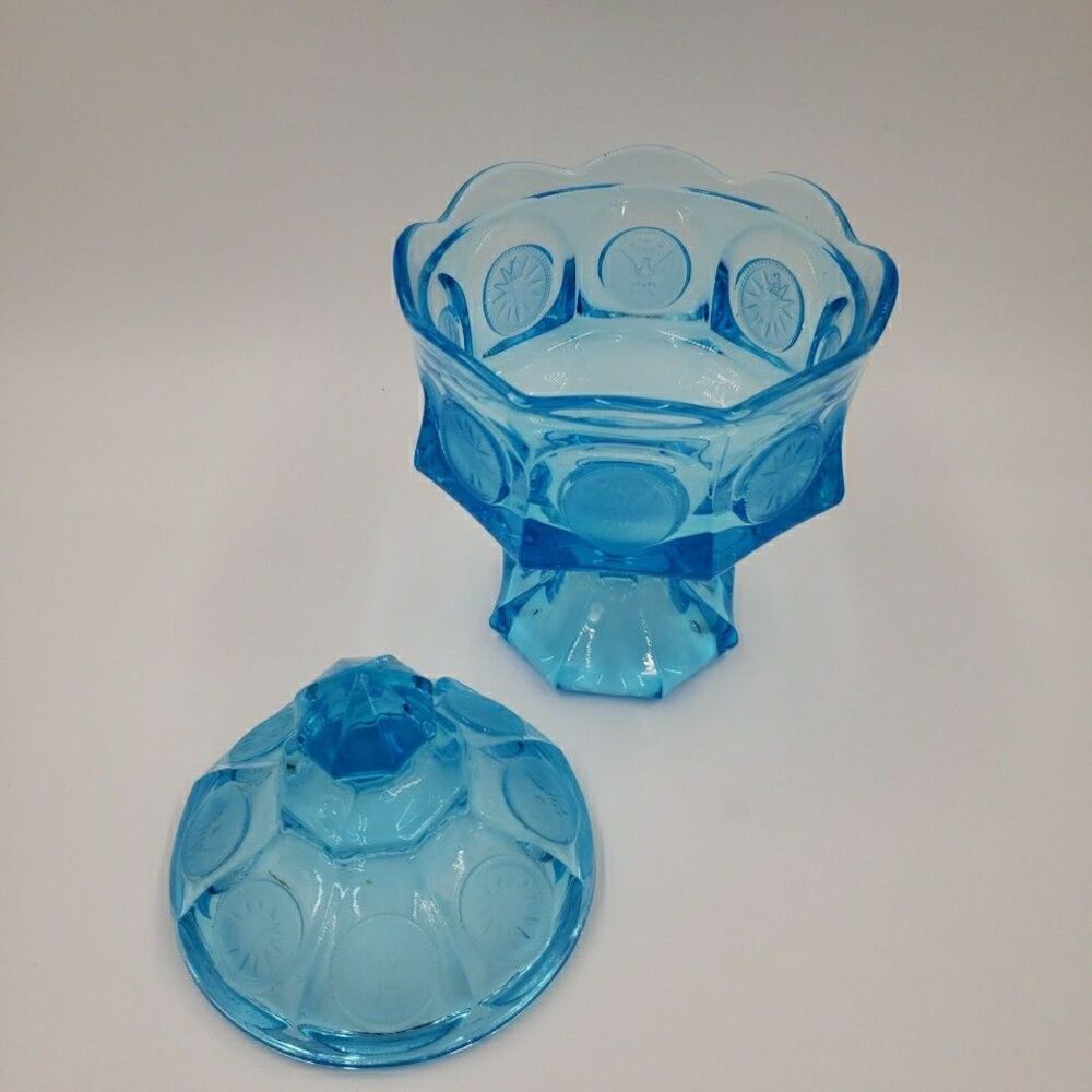 Fostoria Wedding Bowl with Lid Blue Glass Coin Medallion Covered Pedestal Dish - Picture 10 of 16